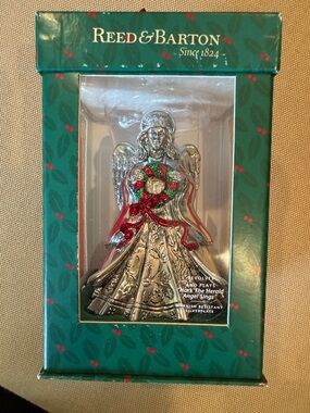 Reed & Barton Silverplate Angel Ornament with Red Bow and Green Wreath